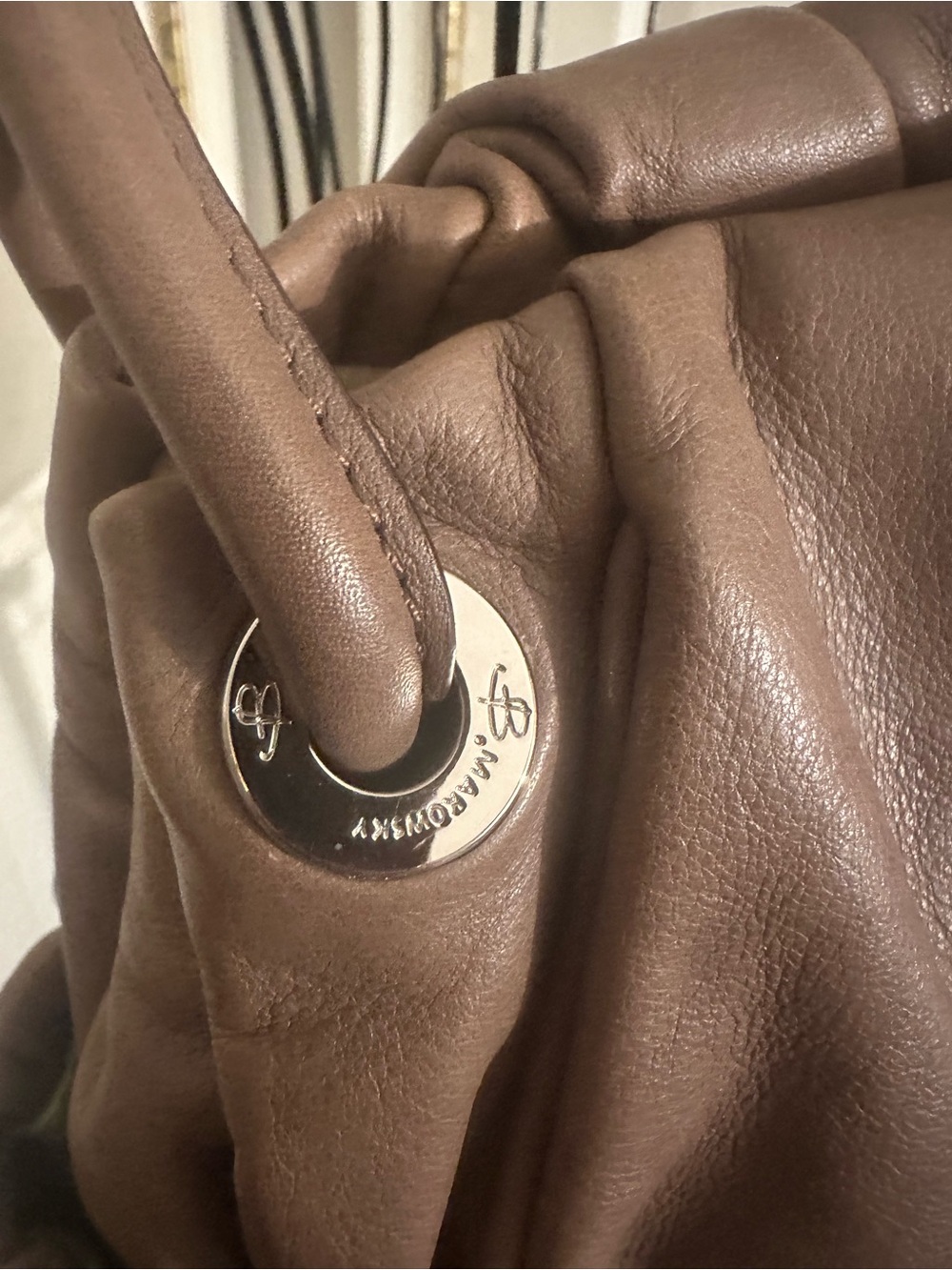 B. Makowsky slouchy leather shoulder bag In soft taupe color W/ braided strap. - Picture 2 of 7